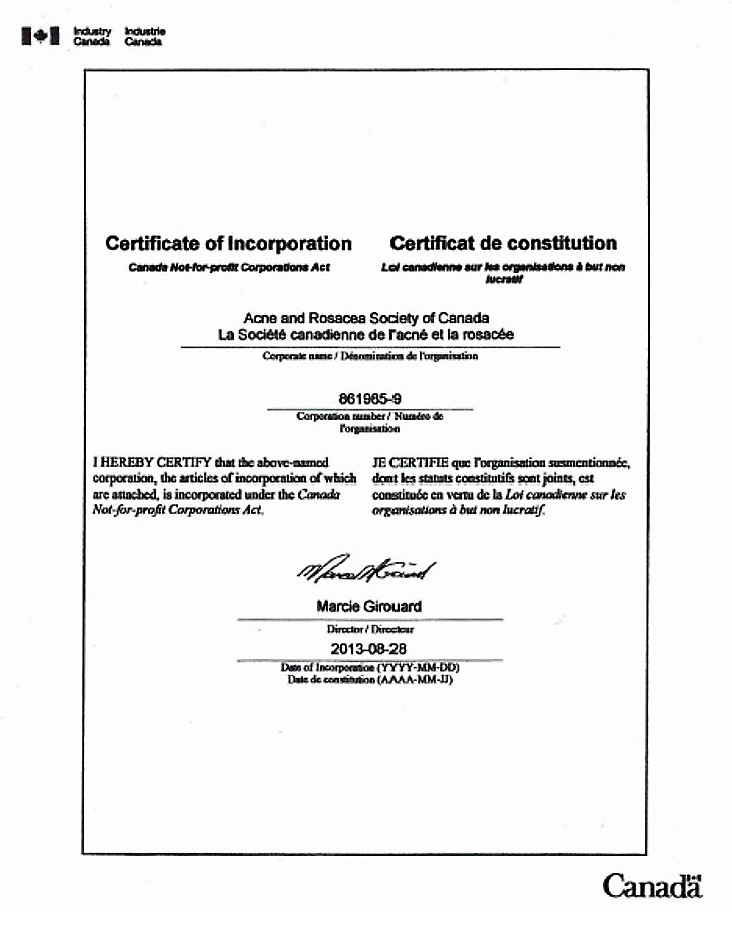 Acne and Rosacea Society of Canada Certificate of Incorporation